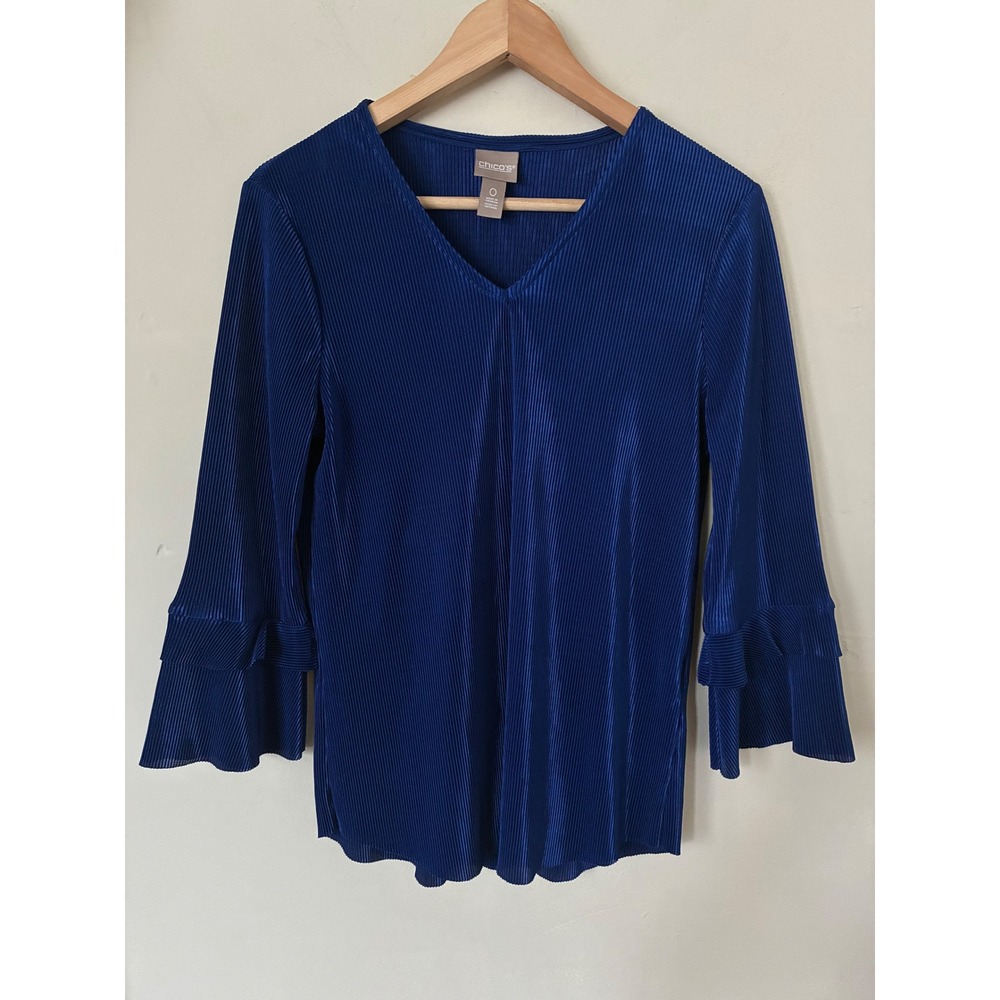 Chicos Pleated V-Neck Top Royal Blue Ruffle Sleeve Blouse Size 0 XS S Party